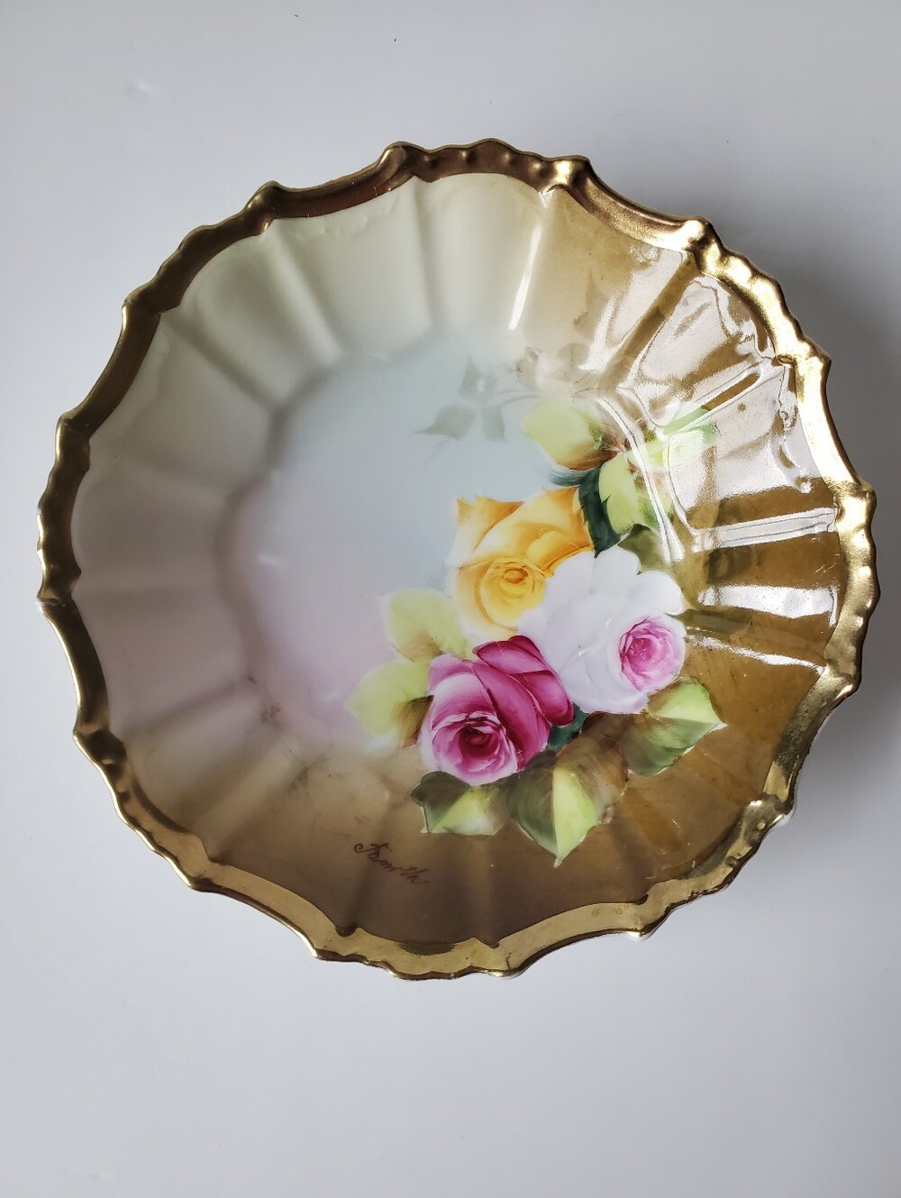 VTG Schumann Germany Porcelain Hand Painted Signed Rose Bowl Dish Gold